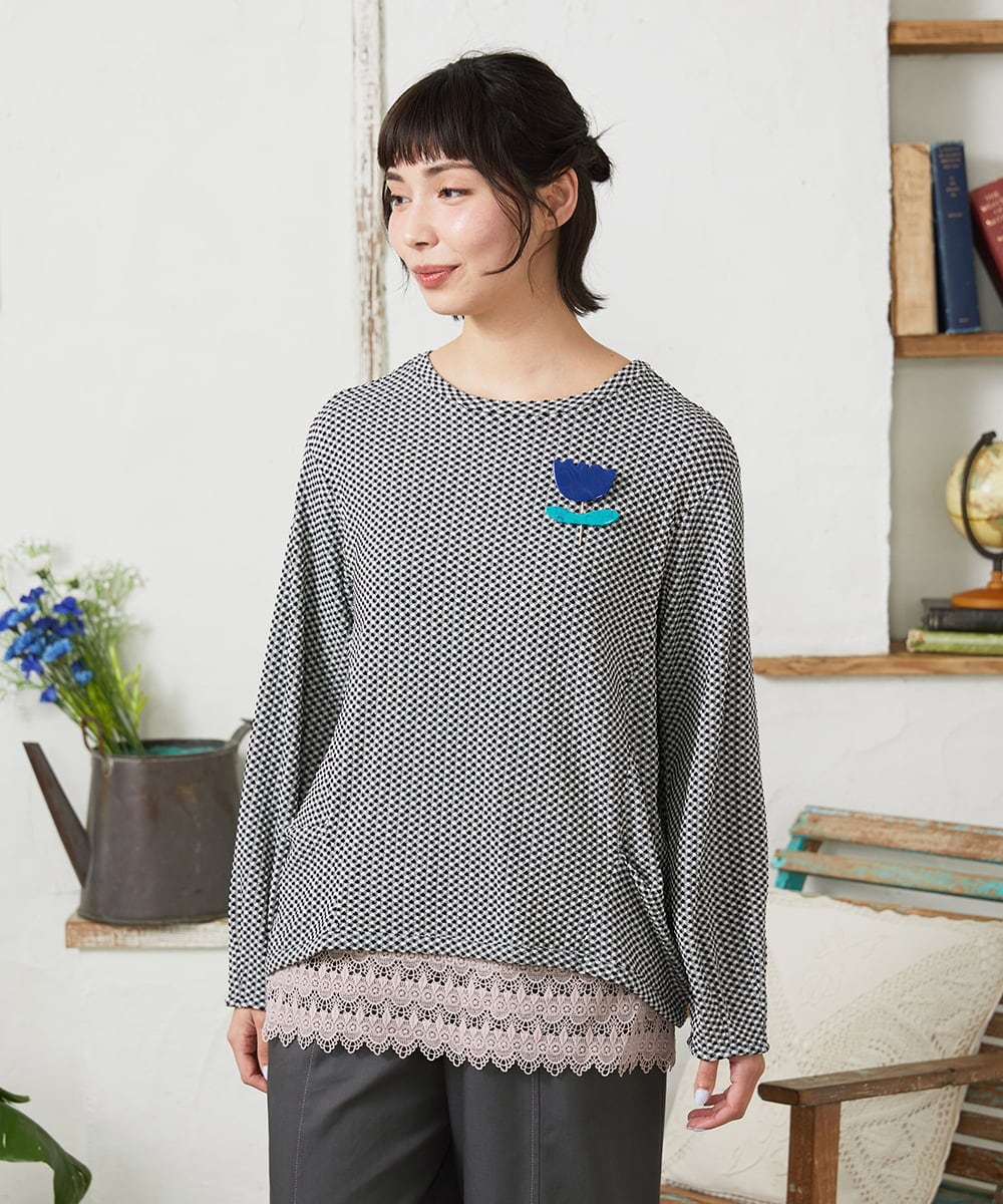 GJKFD35130 Jocomomola(ホコモモラ) ギンガムチェックカットソープルオーバー ブラック