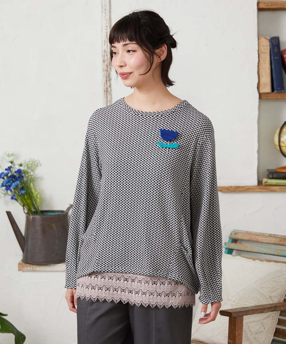 GJKFD35130 Jocomomola(ホコモモラ) ギンガムチェックカットソープルオーバー ブラック