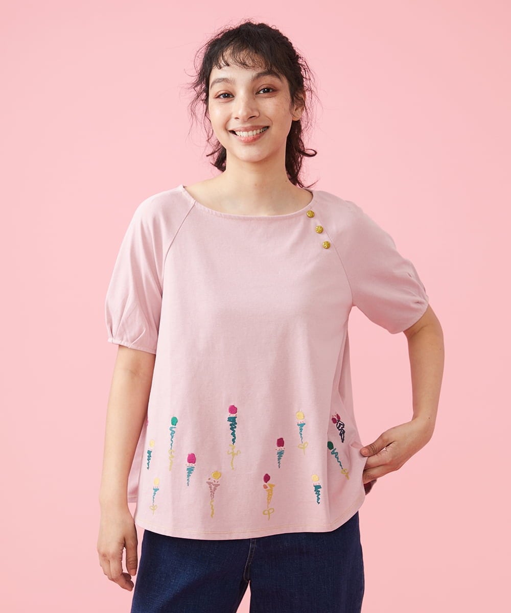 GJKFS38140 Jocomomola(ホコモモラ) Carta フラワーモチーフTシャツ ピンク