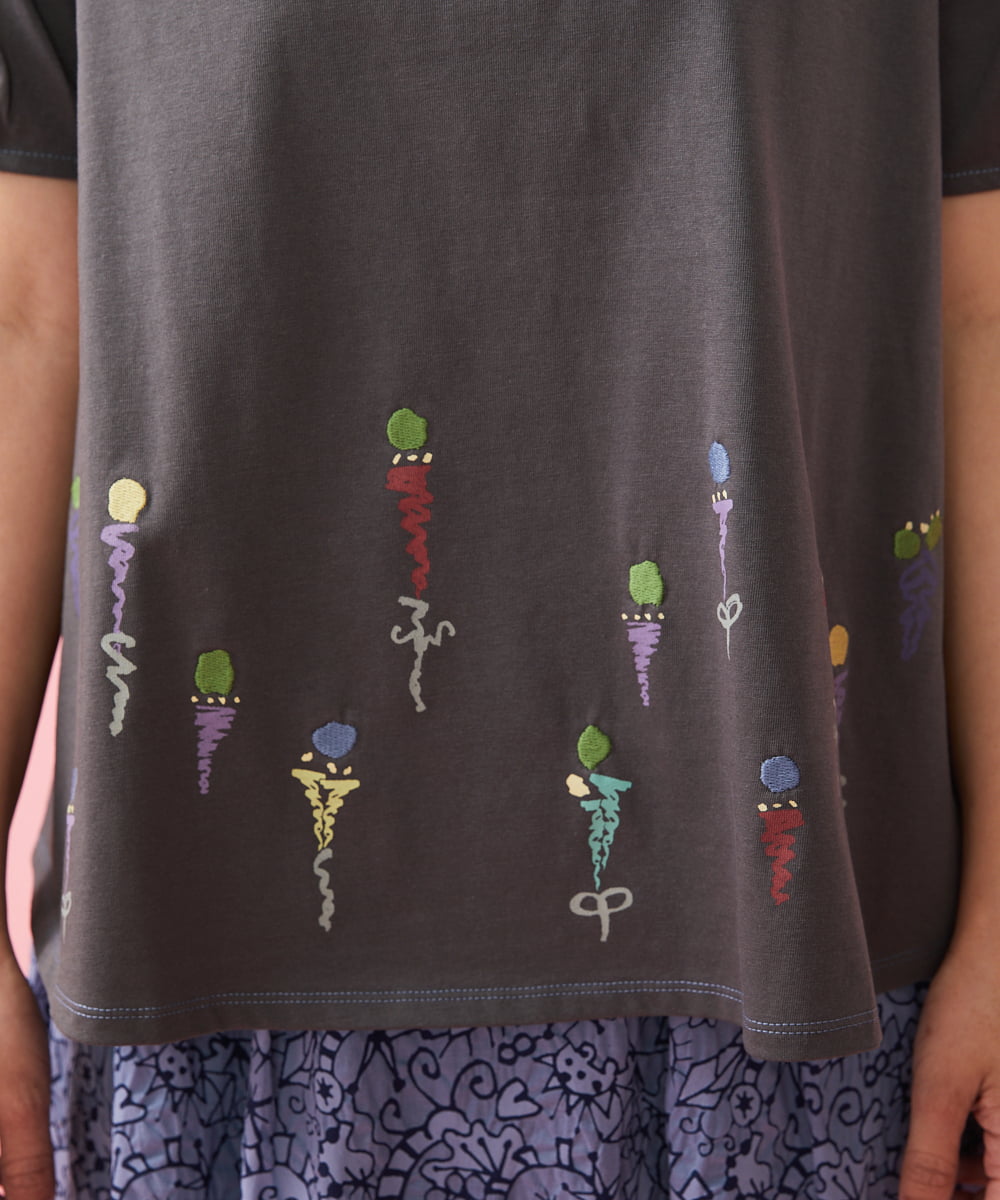 GJKFS38140 Jocomomola(ホコモモラ) Carta フラワーモチーフTシャツ ダークグレー