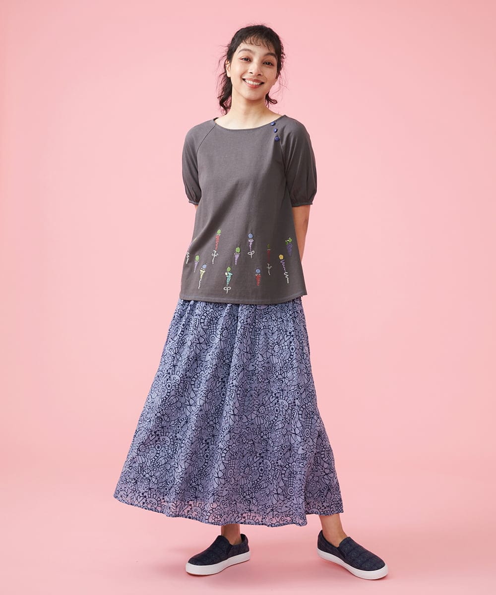 GJKFS38140 Jocomomola(ホコモモラ) Carta フラワーモチーフTシャツ ダークグレー