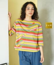 GJKGA33150 Jocomomola(ホコモモラ) シルケット天竺フラワーボーダーアップリケTシャツ マルチボーダー