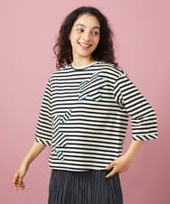GJKGA33150 Jocomomola(ホコモモラ) シルケット天竺フラワーボーダーアップリケTシャツ ブラック×アイボリー
