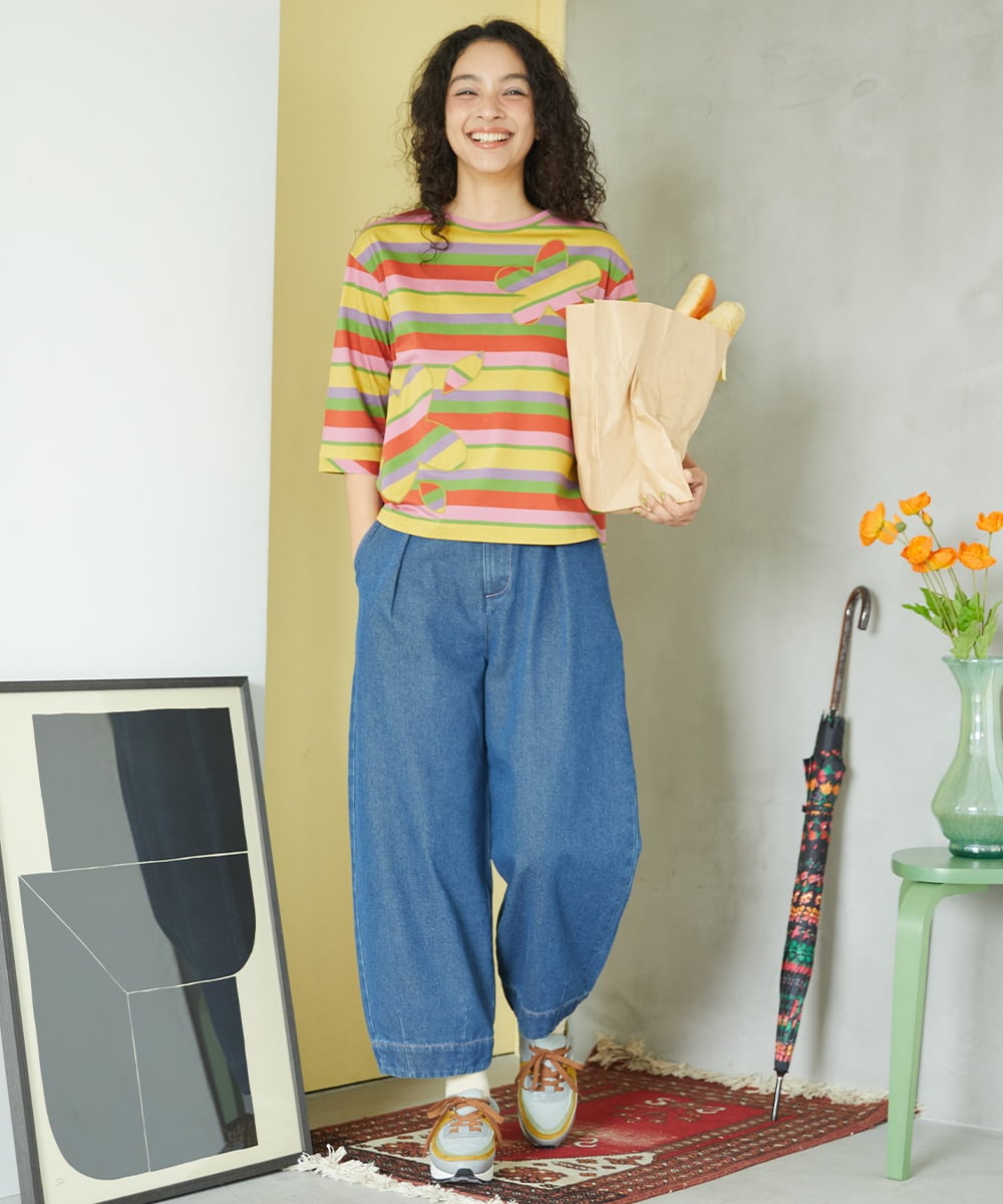 GJKGA33150 Jocomomola(ホコモモラ) シルケット天竺フラワーボーダーアップリケTシャツ ブラック×アイボリー