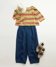 GJKGA33150 Jocomomola(ホコモモラ) シルケット天竺フラワーボーダーアップリケTシャツ ブラック×アイボリー