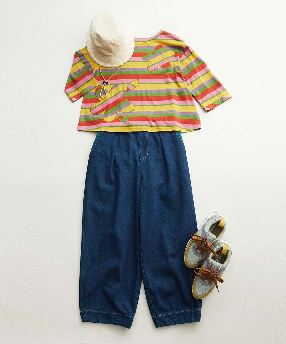 GJKGA33150 Jocomomola(ホコモモラ) シルケット天竺フラワーボーダーアップリケTシャツ ブラック×アイボリー