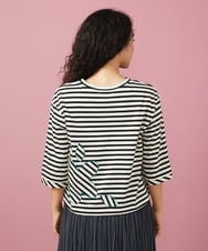 GJKGA33150 Jocomomola(ホコモモラ) シルケット天竺フラワーボーダーアップリケTシャツ ブラック×アイボリー