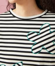 GJKGA33150 Jocomomola(ホコモモラ) シルケット天竺フラワーボーダーアップリケTシャツ ブラック×アイボリー