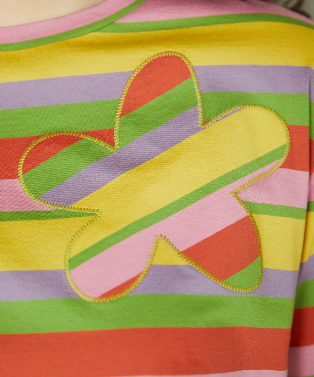 GJKGA33150 Jocomomola(ホコモモラ) シルケット天竺フラワーボーダーアップリケTシャツ ブラック×アイボリー