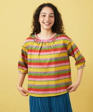GJKGA34150 Jocomomola(ホコモモラ) シルケット天竺フラワーボーダー刺繍Tシャツ マルチボーダー