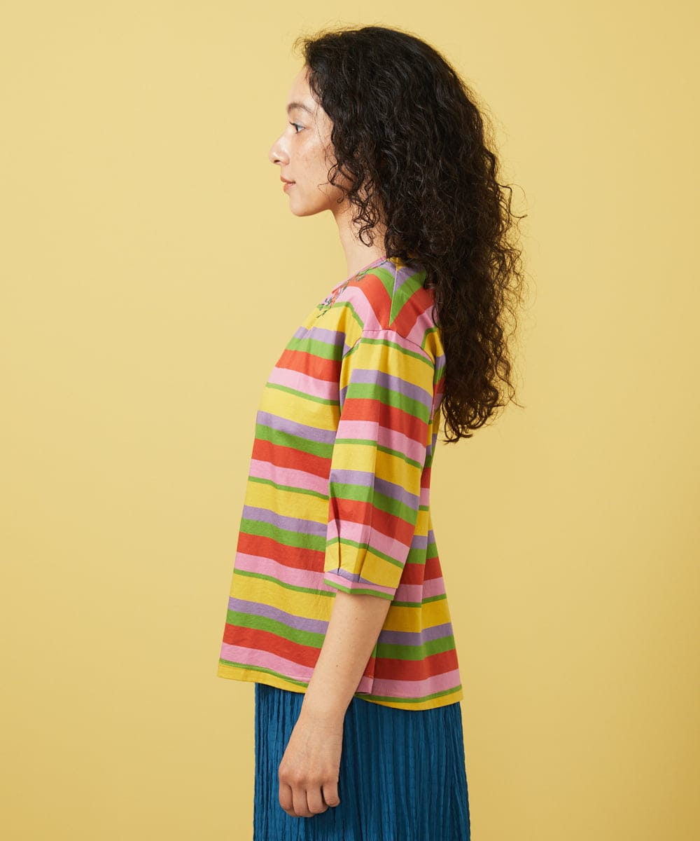 GJKGA34150 Jocomomola(ホコモモラ) シルケット天竺フラワーボーダー刺繍Tシャツ マルチボーダー