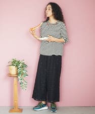 GJKGA34150 Jocomomola(ホコモモラ) シルケット天竺フラワーボーダー刺繍Tシャツ マルチボーダー