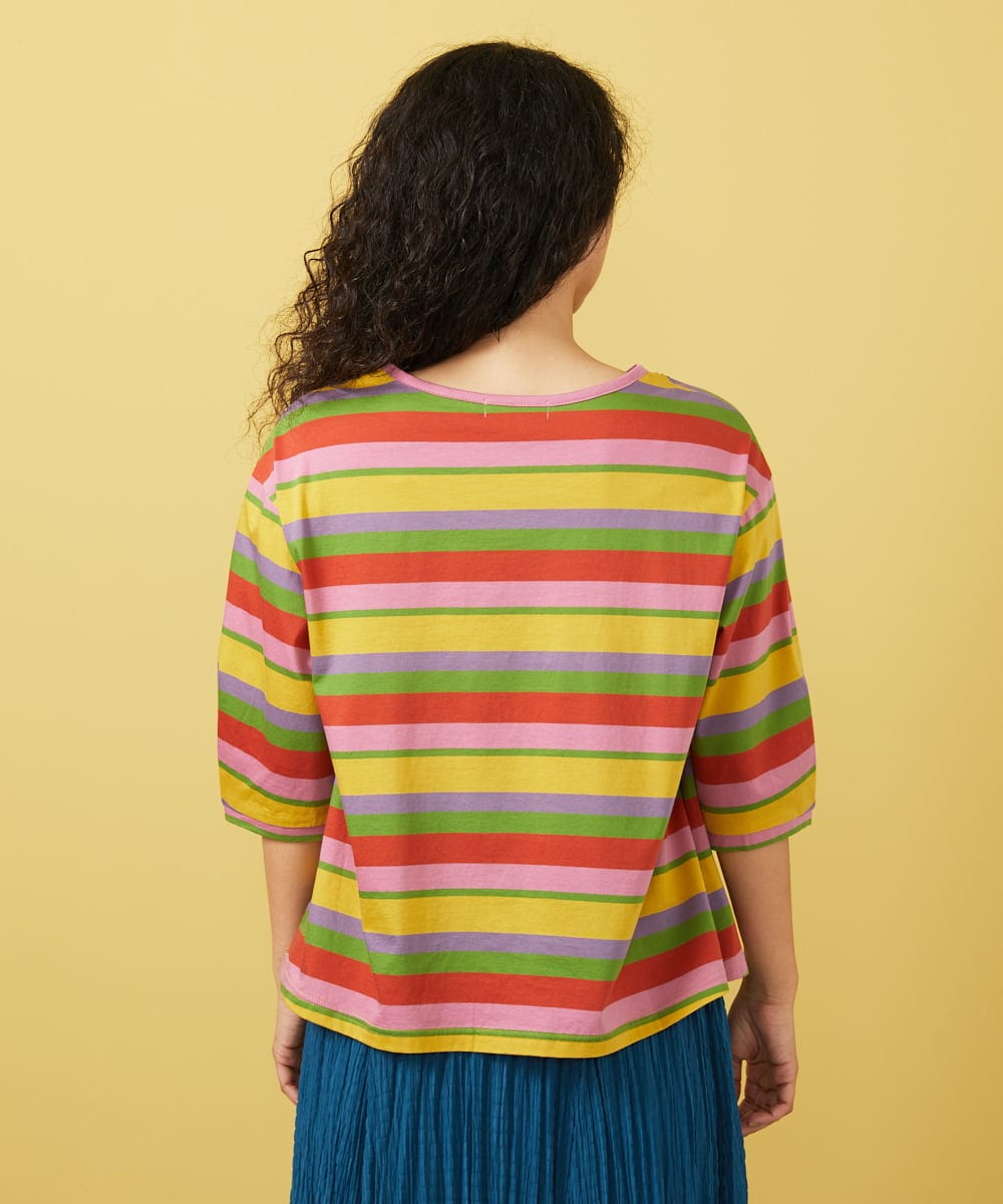 GJKGA34150 Jocomomola(ホコモモラ) シルケット天竺フラワーボーダー刺繍Tシャツ マルチボーダー