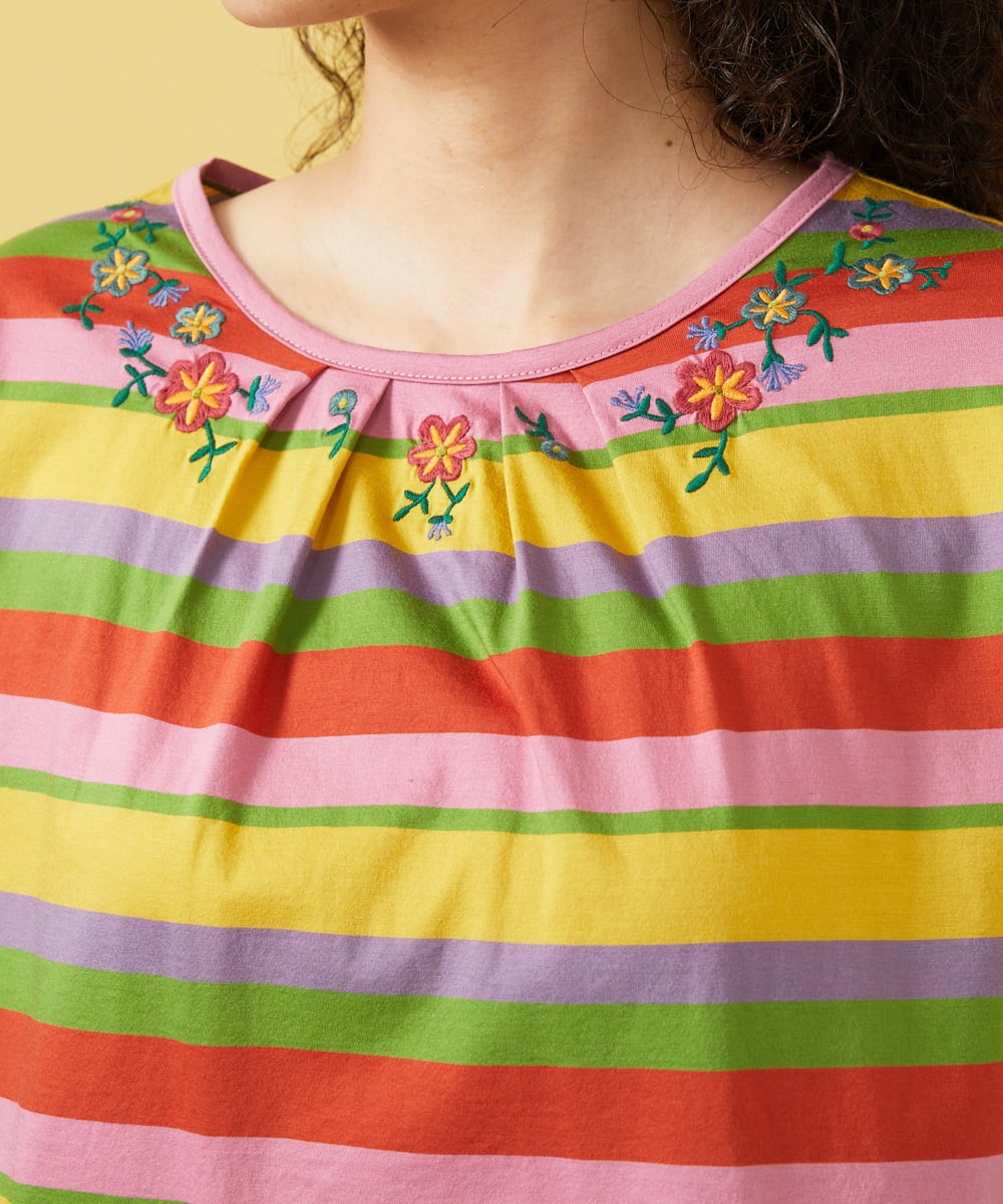 GJKGA34150 Jocomomola(ホコモモラ) シルケット天竺フラワーボーダー刺繍Tシャツ マルチボーダー