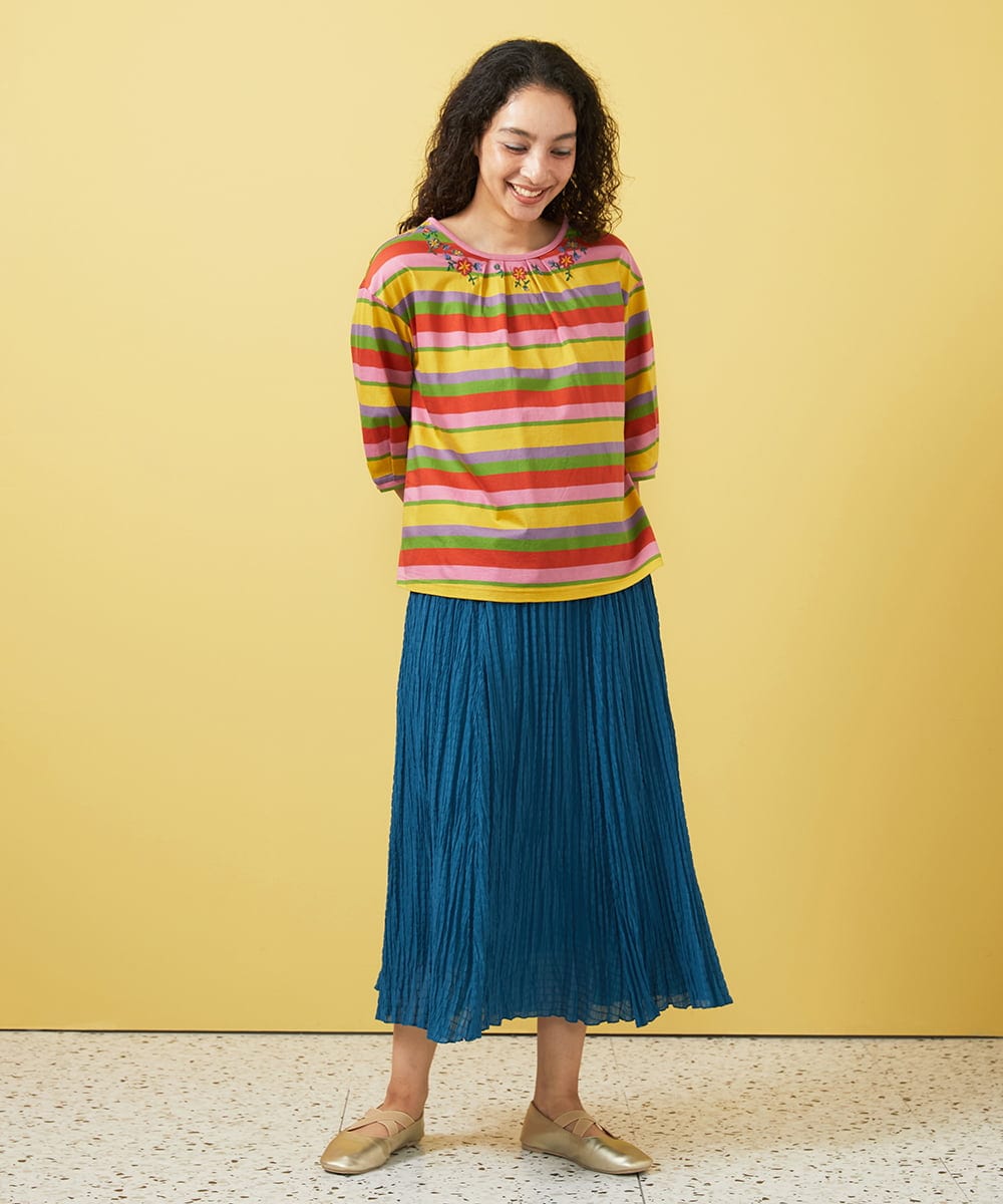 GJKGA34150 Jocomomola(ホコモモラ) シルケット天竺フラワーボーダー刺繍Tシャツ マルチボーダー
