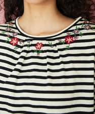 GJKGA34150 Jocomomola(ホコモモラ) シルケット天竺フラワーボーダー刺繍Tシャツ マルチボーダー