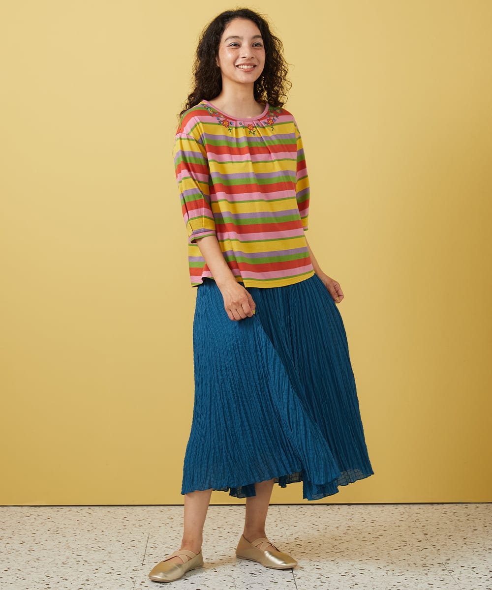 GJKGA34150 Jocomomola(ホコモモラ) シルケット天竺フラワーボーダー刺繍Tシャツ マルチボーダー