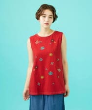 GJKGB03160 Jocomomola(ホコモモラ) Cosecha フルーツ刺繍ノースリーブカットソー レッド