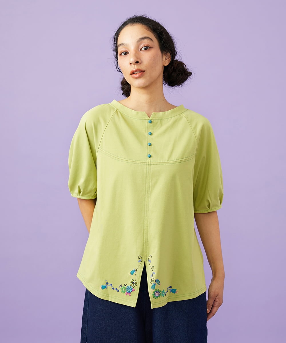 GJKGD01180 Jocomomola(ホコモモラ) 【接触冷感/2WAY】T/C天竺 フラワープリントTシャツ グリーン