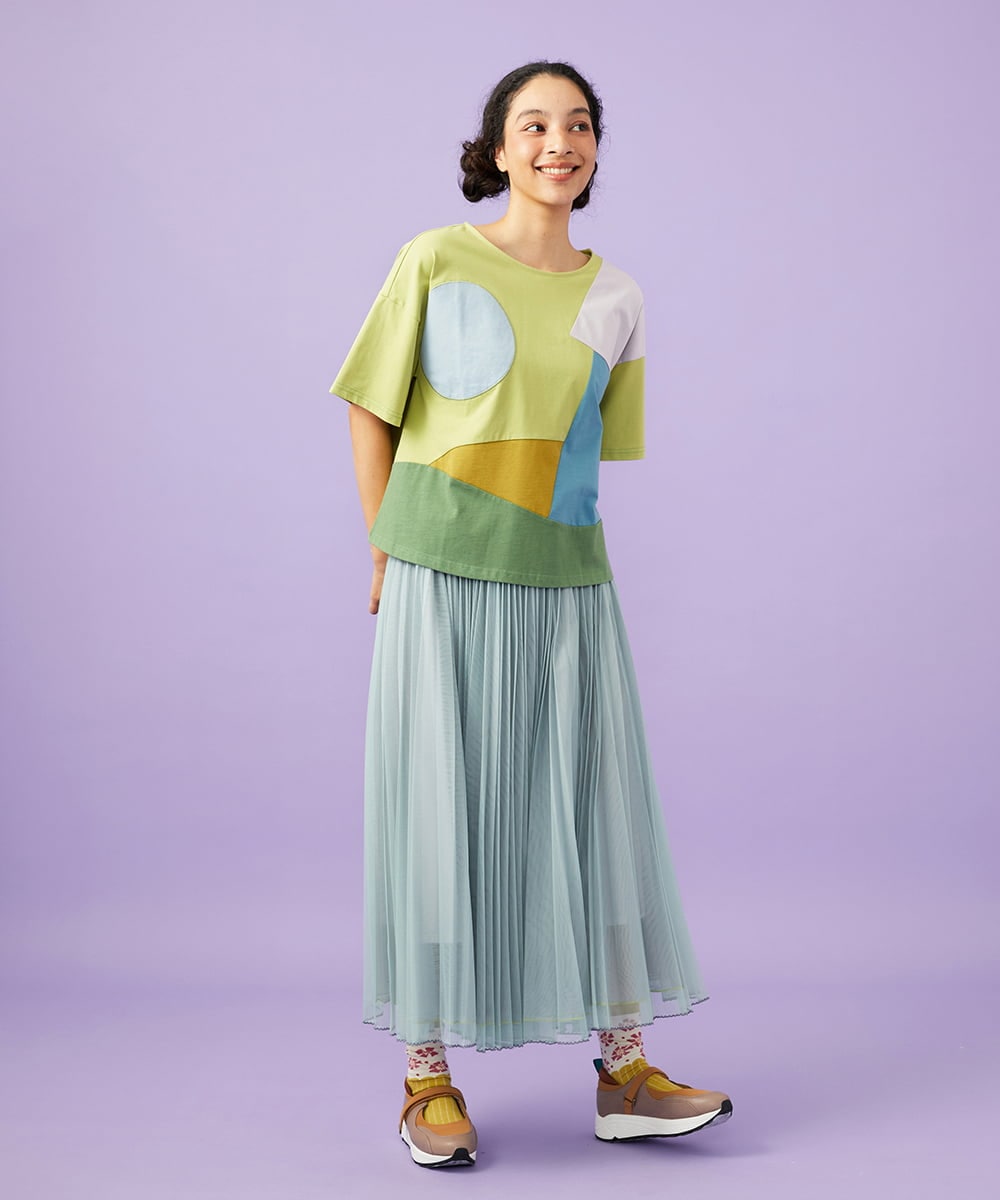 GJKGD02200 Jocomomola(ホコモモラ) 【接触冷感】T/C天竺 アップリケTシャツ グリーン