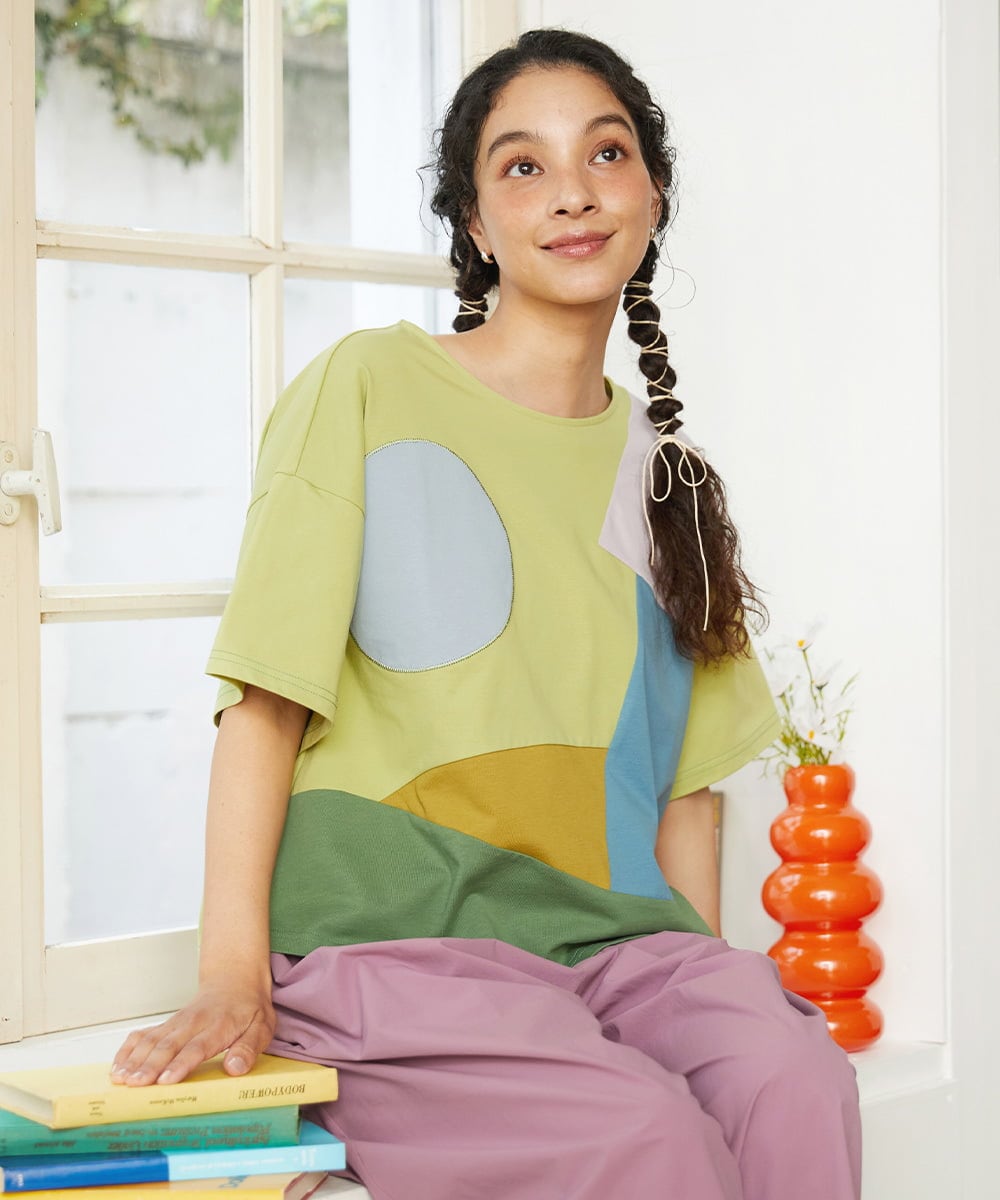 GJKGD02200 Jocomomola(ホコモモラ) 【接触冷感】T/C天竺 アップリケTシャツ グリーン