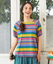 GJKGD35140 Jocomomola(ホコモモラ) 【接触冷感】シルケット天竺ボーダーTシャツ マルチボーダー