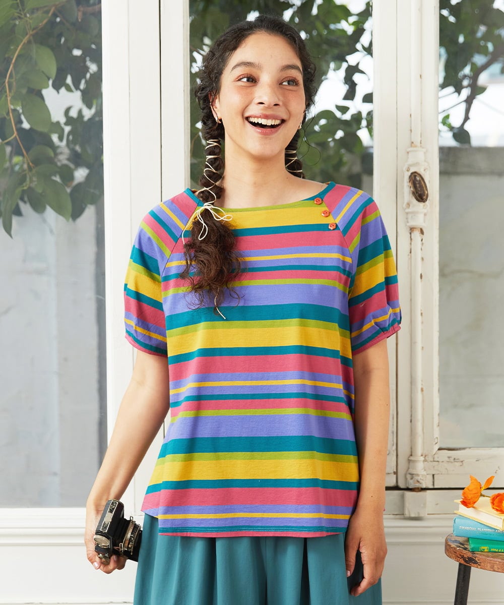 GJKGD35140 Jocomomola(ホコモモラ) 【接触冷感】シルケット天竺ボーダーTシャツ マルチボーダー