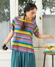 GJKGD35140 Jocomomola(ホコモモラ) 【接触冷感】シルケット天竺ボーダーTシャツ マルチボーダー