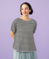 GJKGD35140 Jocomomola(ホコモモラ) 【接触冷感】シルケット天竺ボーダーTシャツ ブラック×アイボリー
