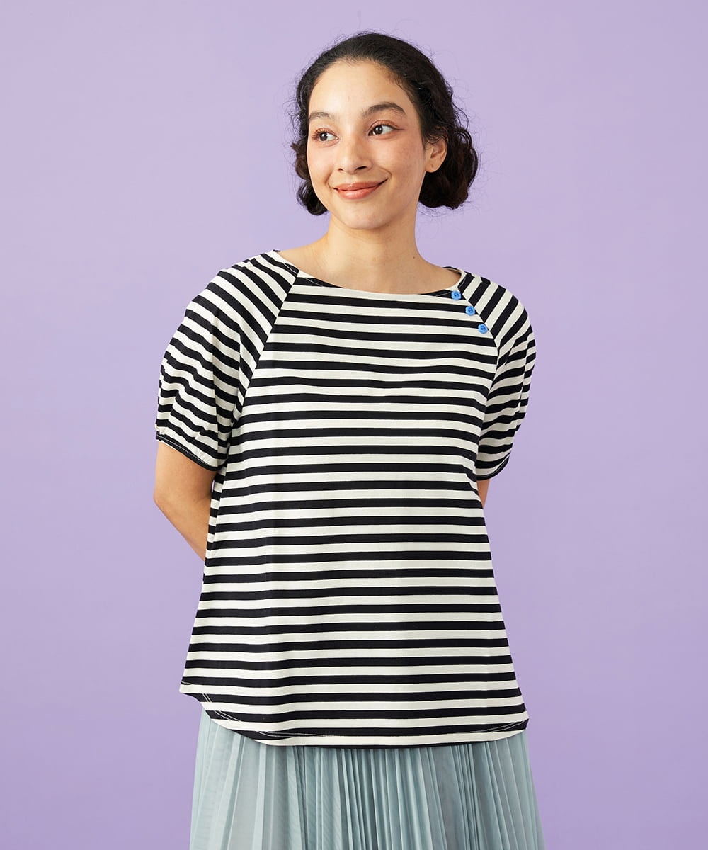 GJKGD35140 Jocomomola(ホコモモラ) 【接触冷感】シルケット天竺ボーダーTシャツ ブラック×アイボリー