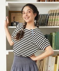 GJKGD35140 Jocomomola(ホコモモラ) 【接触冷感】シルケット天竺ボーダーTシャツ ブラック×アイボリー