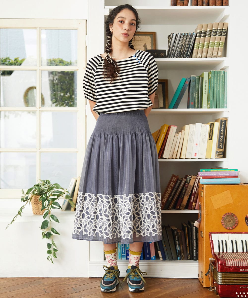 GJKGD35140 Jocomomola(ホコモモラ) 【接触冷感】シルケット天竺ボーダーTシャツ ブラック×アイボリー