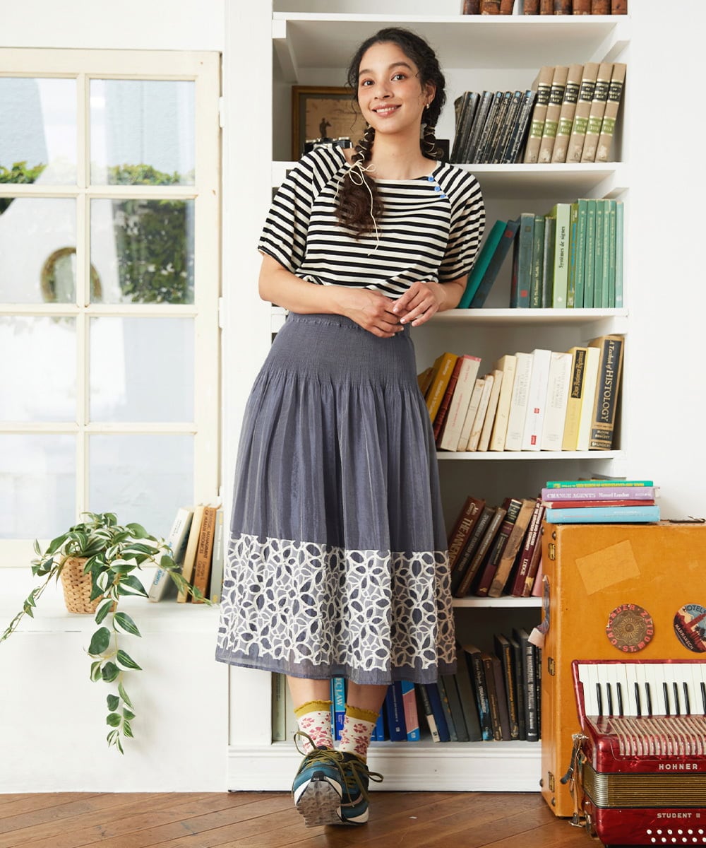 GJKGD35140 Jocomomola(ホコモモラ) 【接触冷感】シルケット天竺ボーダーTシャツ ブラック×アイボリー