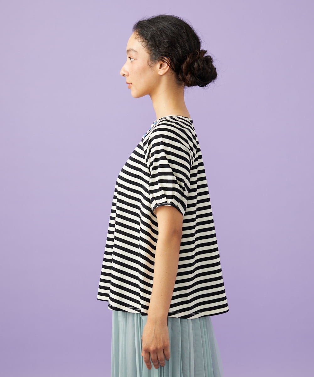 GJKGD35140 Jocomomola(ホコモモラ) 【接触冷感】シルケット天竺ボーダーTシャツ ブラック×アイボリー