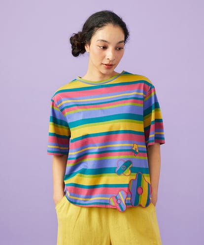 GJKGD36160 Jocomomola シルケット天竺フラワーボーダーアップリケTシャツ