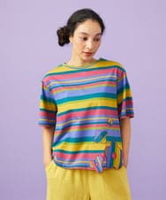 GJKGD36160 Jocomomola(ホコモモラ) 【接触冷感】シルケット天竺フラワーボーダーアップリケTシャツ マルチボーダー