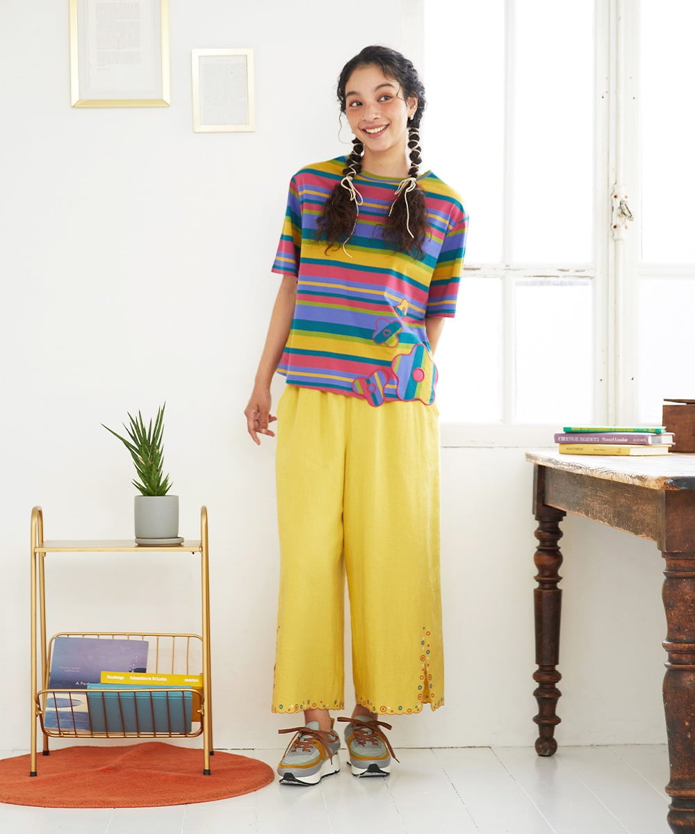 GJKGD36160 Jocomomola(ホコモモラ) 【接触冷感】シルケット天竺フラワーボーダーアップリケTシャツ マルチボーダー