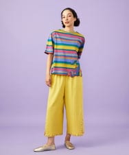 GJKGD36160 Jocomomola(ホコモモラ) 【接触冷感】シルケット天竺フラワーボーダーアップリケTシャツ マルチボーダー