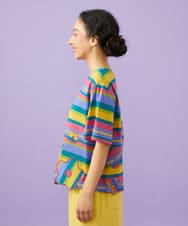 GJKGD36160 Jocomomola(ホコモモラ) 【接触冷感】シルケット天竺フラワーボーダーアップリケTシャツ マルチボーダー