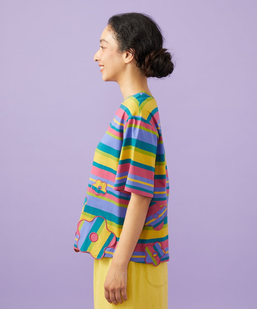 GJKGD36160 Jocomomola(ホコモモラ) 【接触冷感】シルケット天竺フラワーボーダーアップリケTシャツ マルチボーダー