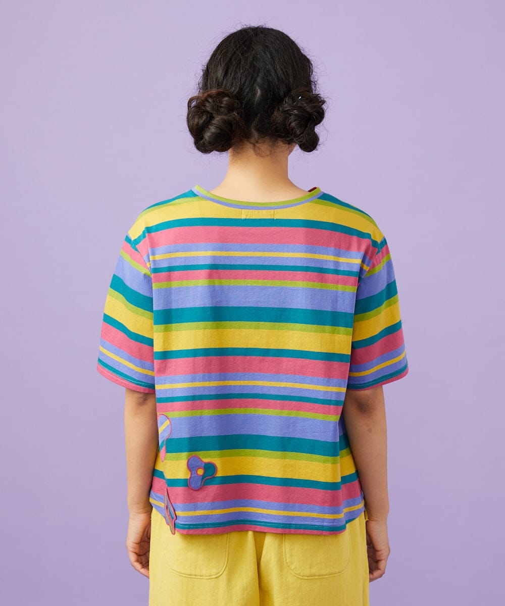 GJKGD36160 Jocomomola(ホコモモラ) 【接触冷感】シルケット天竺フラワーボーダーアップリケTシャツ マルチボーダー