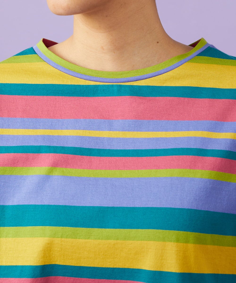 GJKGD36160 Jocomomola(ホコモモラ) 【接触冷感】シルケット天竺フラワーボーダーアップリケTシャツ マルチボーダー