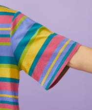 GJKGD36160 Jocomomola(ホコモモラ) 【接触冷感】シルケット天竺フラワーボーダーアップリケTシャツ マルチボーダー