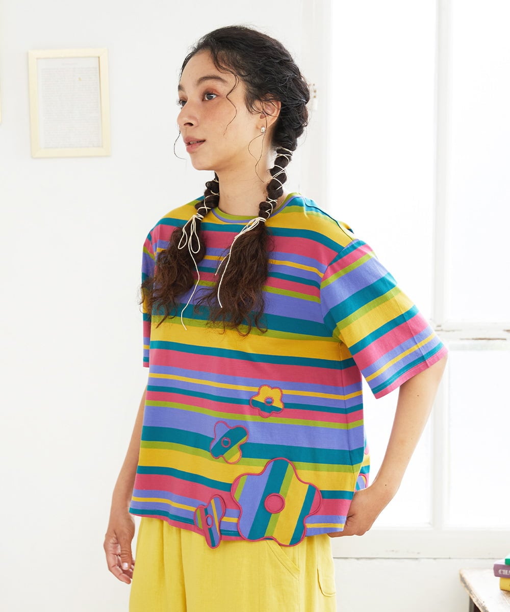 GJKGD36160 Jocomomola 【接触冷感】シルケット天竺フラワーボーダーアップリケTシャツ