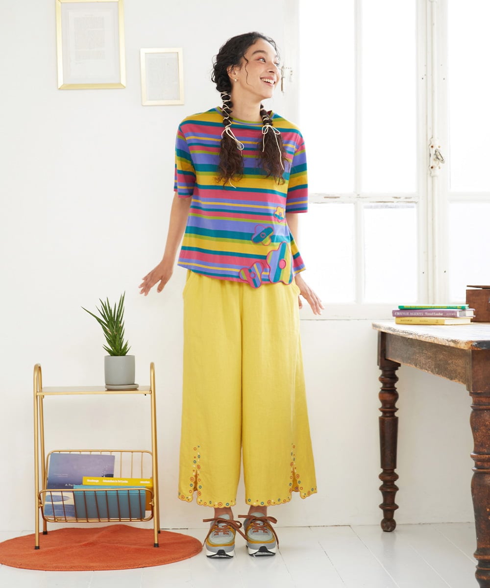 GJKGD36160 Jocomomola(ホコモモラ) 【接触冷感】シルケット天竺フラワーボーダーアップリケTシャツ マルチボーダー