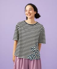 GJKGD36160 Jocomomola(ホコモモラ) 【接触冷感】シルケット天竺フラワーボーダーアップリケTシャツ ブラック×アイボリー