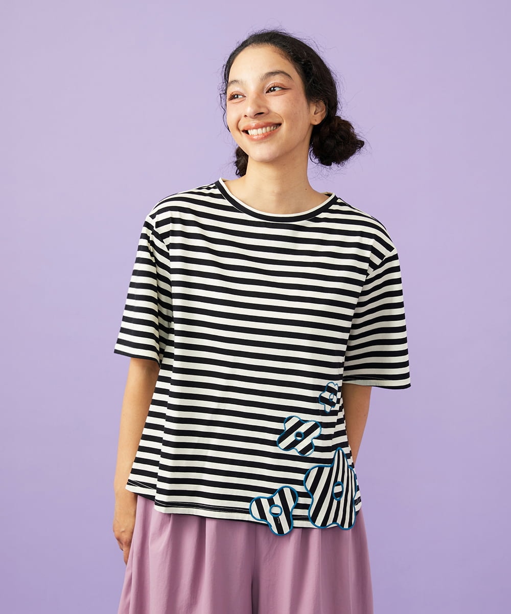 GJKGD36160 Jocomomola 【接触冷感】シルケット天竺フラワーボーダーアップリケTシャツ