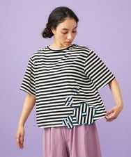 GJKGD36160 Jocomomola(ホコモモラ) 【接触冷感】シルケット天竺フラワーボーダーアップリケTシャツ ブラック×アイボリー