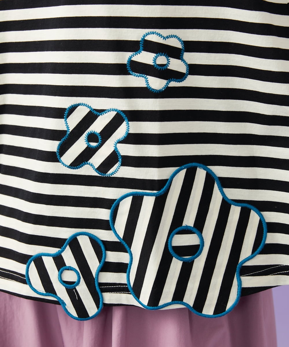 GJKGD36160 Jocomomola(ホコモモラ) 【接触冷感】シルケット天竺フラワーボーダーアップリケTシャツ ブラック×アイボリー