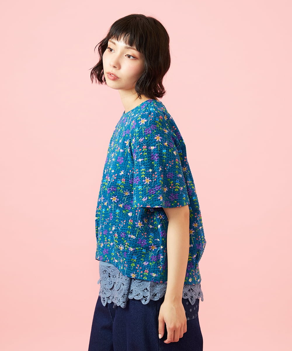 GJKGE38180 Jocomomola(ホコモモラ) Ondular フラワープリントカットソー ブルー